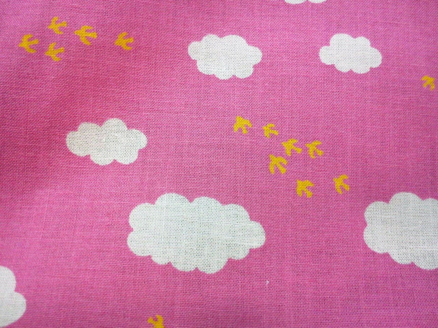 Birds and Clouds on Pink - Kawaii Cotton Fabric - Half Yard
