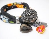Wrap Bracelet, Black Floral Fabric Button Charm Bracelet, Crystal, Heart & Owl Charm, Antiqued Silver, Victorian Style, Chirimen Cord