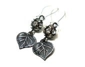 Art Nouveau Rhinestone Drop Earrings, Arte Metal Embossed Leaf Charms, Silver Jewelry, Dangle Earrings