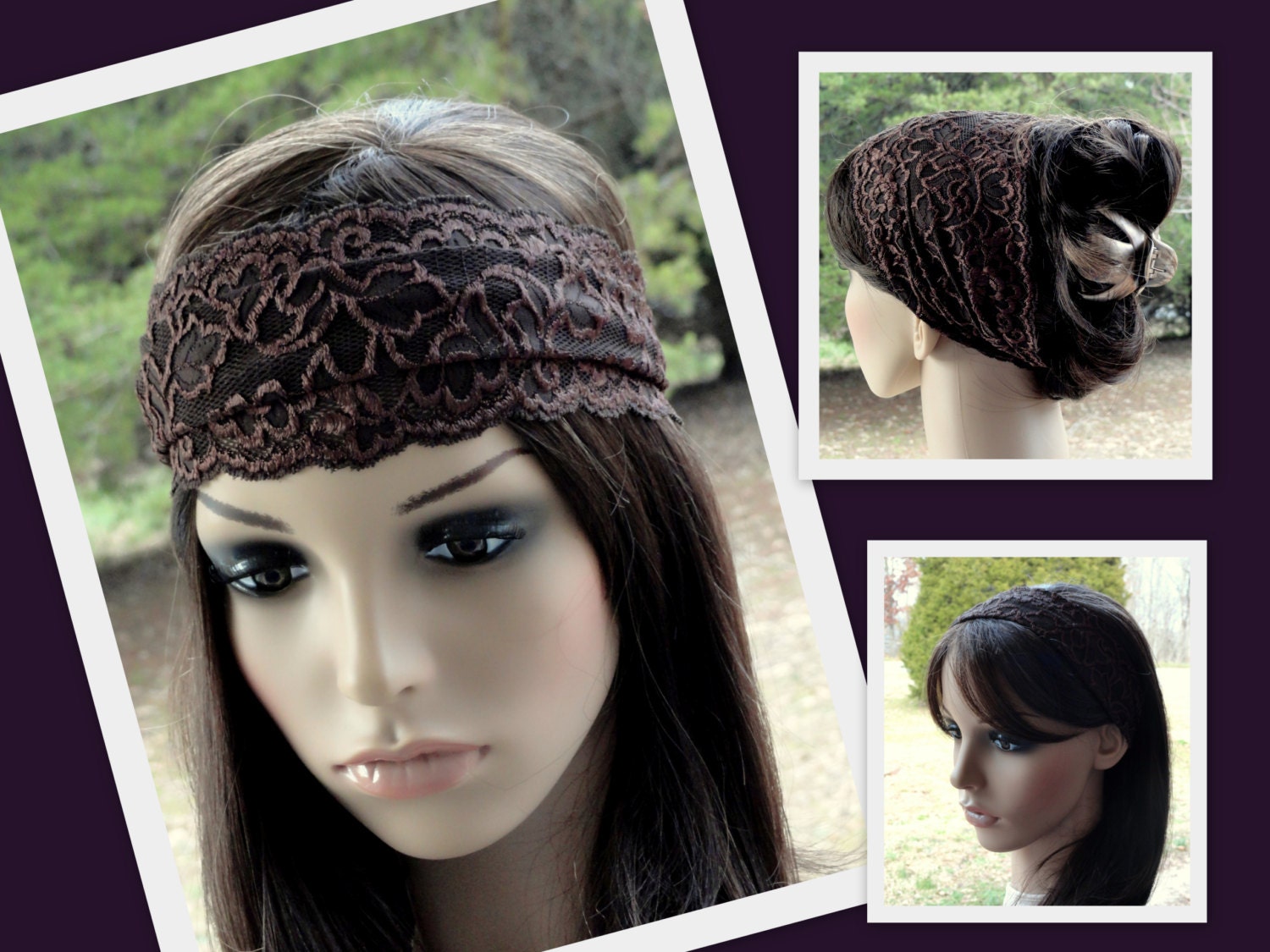 Brown Boho Headband Wide Stretch Lace Headband Brown Head band Head covering Womens Boho Head band Adult Head band Stretchy