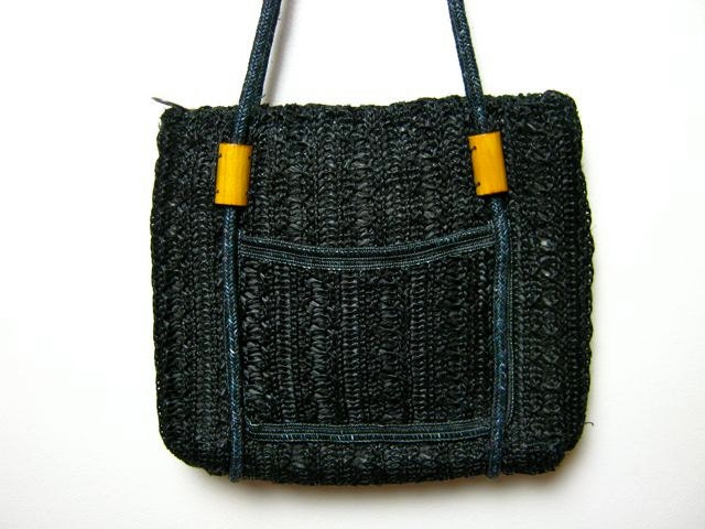 vintage 70s black raffia woven hippie shoulder bag purse