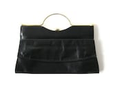 vintage 60s mod black leather handbag clutch // brass handle