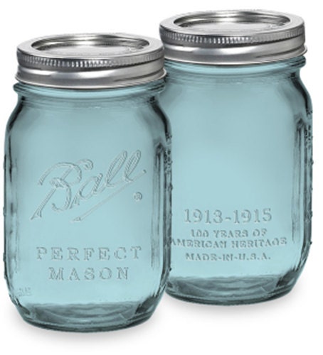 2 Vintage Inspired 100 Year Anniversary Ball Blue Mason Jars - Set of 2
