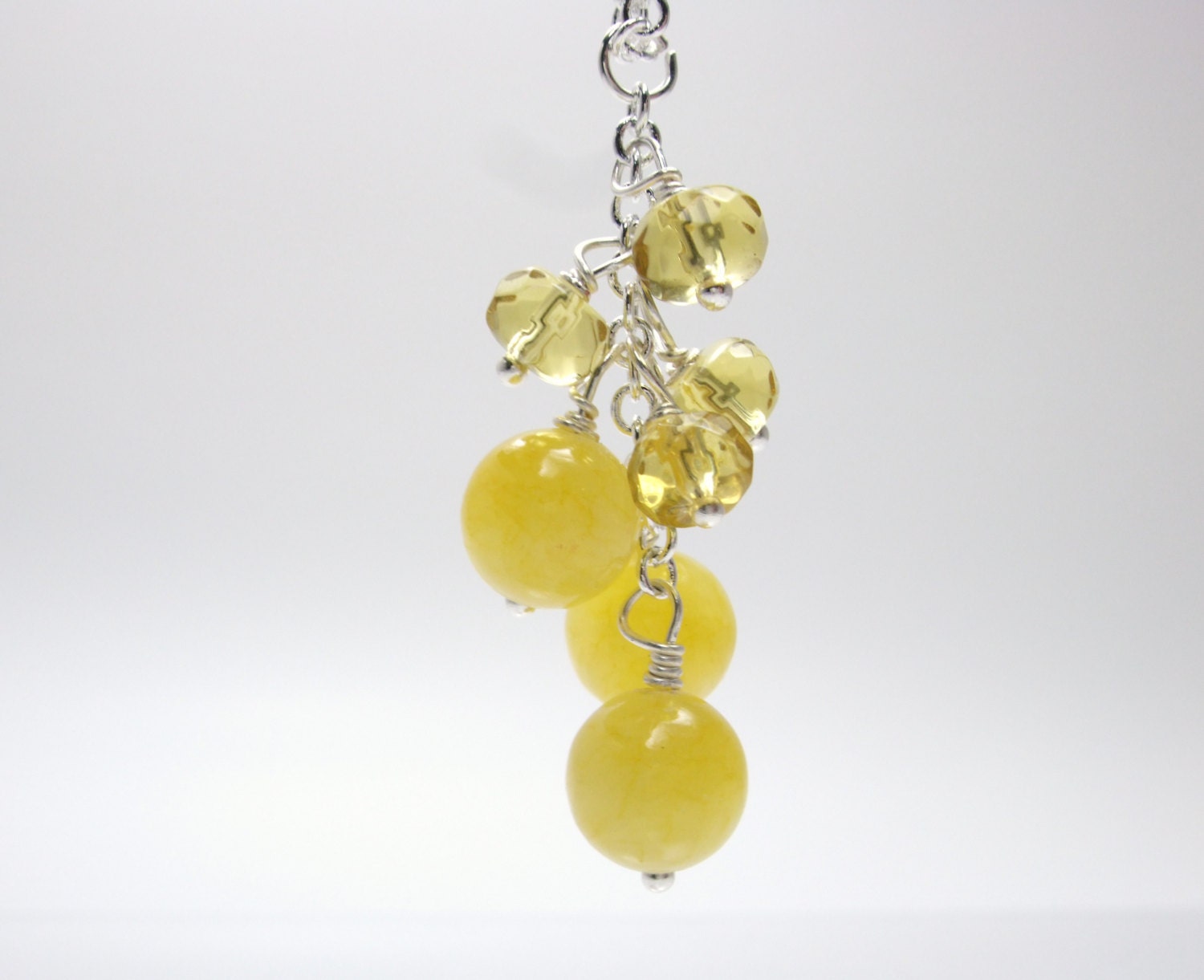 Sunshine Collection - Yellow Quartzite Faceted Rondelle Yellow Opaque Cluster Smile Dangle Round Disc Rondelle Silver Necklace
