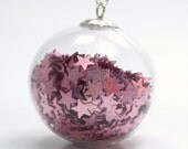 Galaxy Bubble Collection - Star Glitter Pink Light Tiny Filled Hand Blown Round Move Orb Pendant Sky Silver Necklace