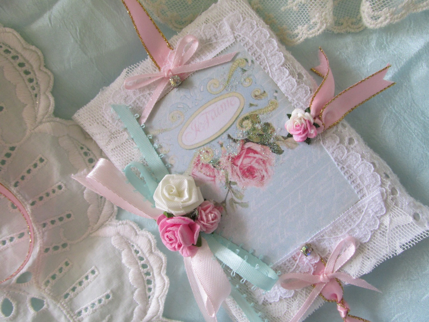 Paris Mini Journal With Shabby Roses and Vintage Bridal Lace