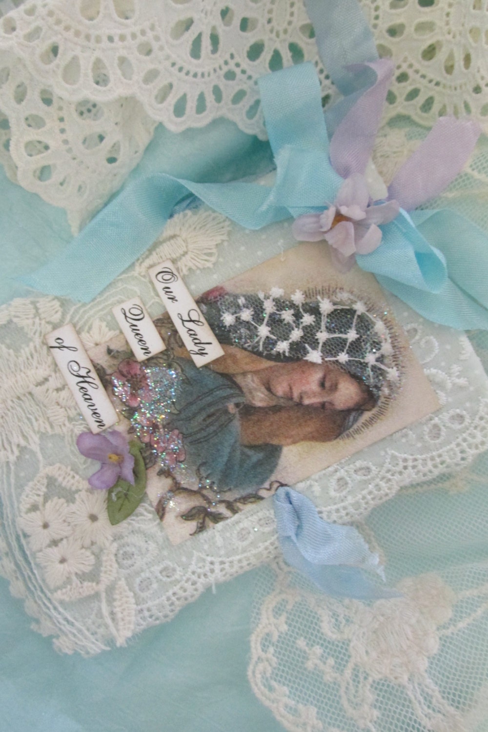 Virgin Mary  Mini Journal Blessed Mother Gift Aqua Ribbons