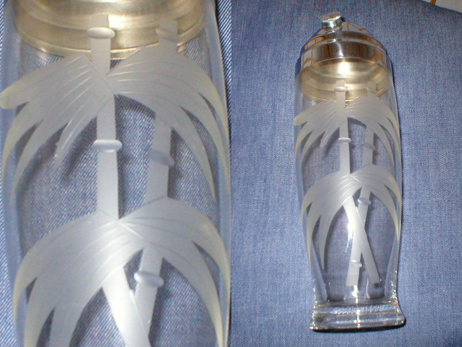 Vintage 50s etched glass bamboo  Mad men drink shaker