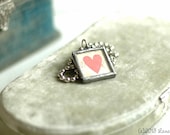 Red Paper Heart with Ivory and Sepia Script Background Soldered Charm Necklace with Silver Ball Chain