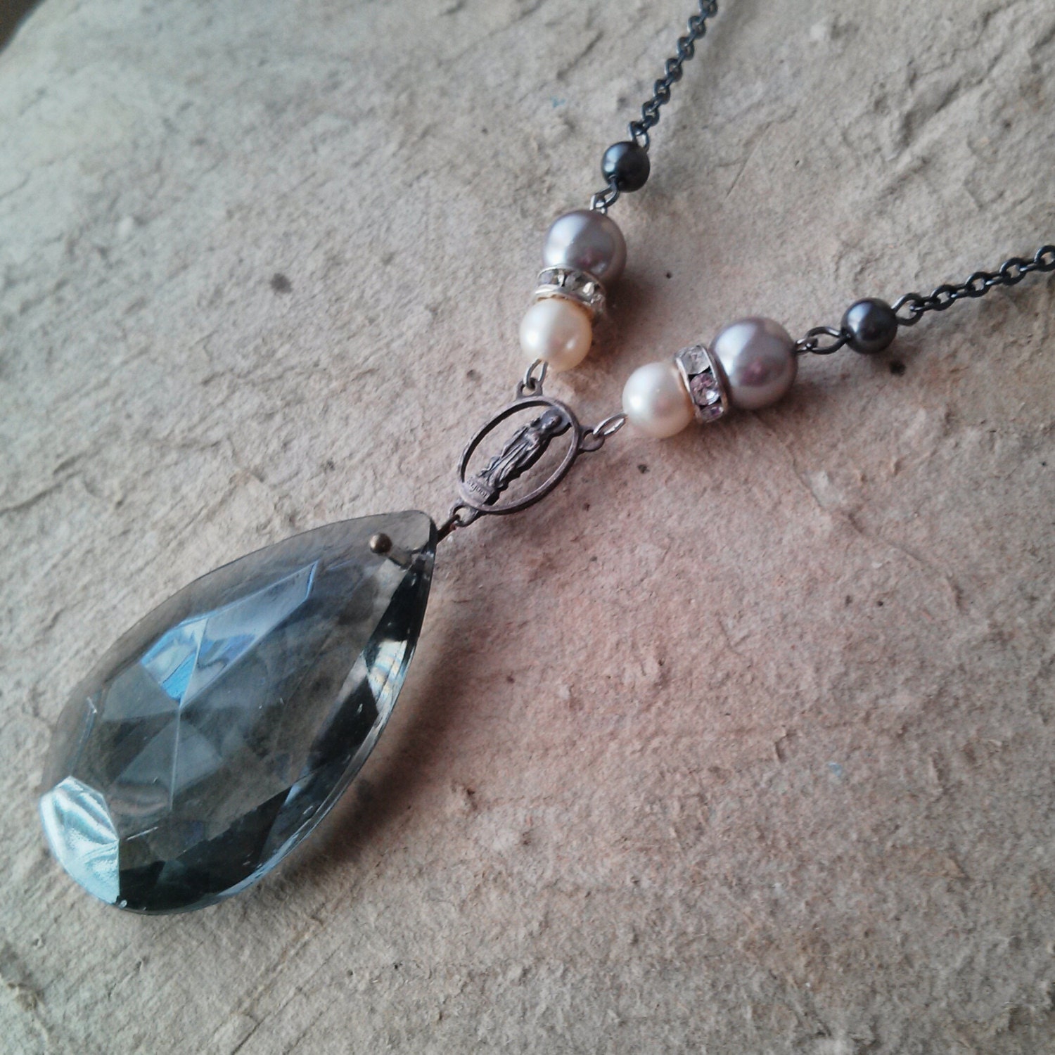 Antique Gray Crystal Necklace Catholic Rosary Upcycle, Amiens, FREE SHIPPING by Maddie Lisee