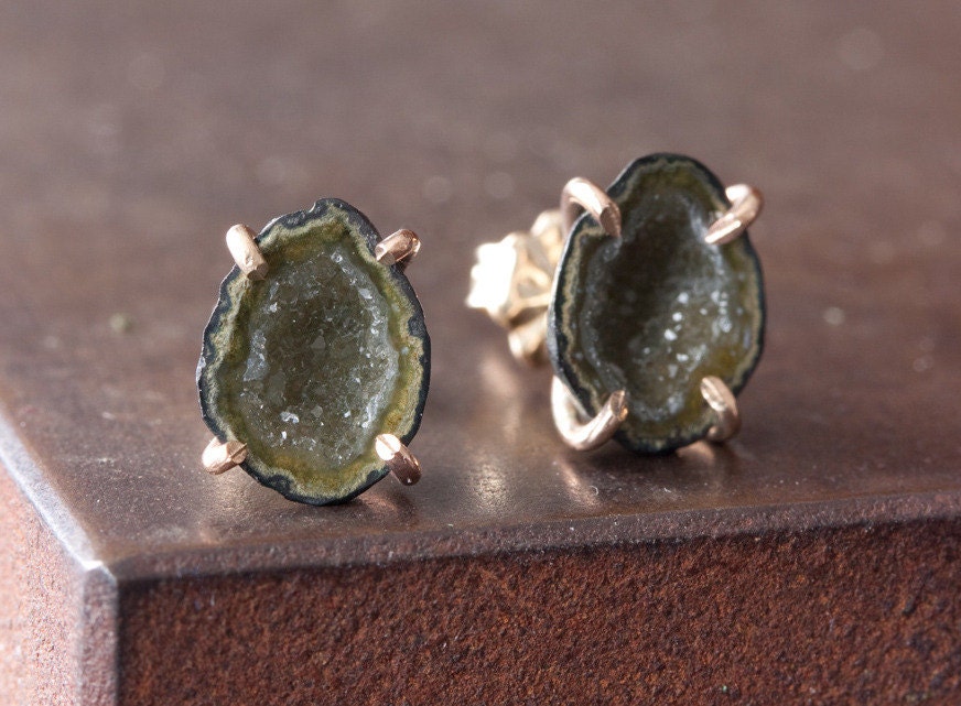 One of a Kind small Green/Yellow Druzy Agate Geode Studs 14kt Gold