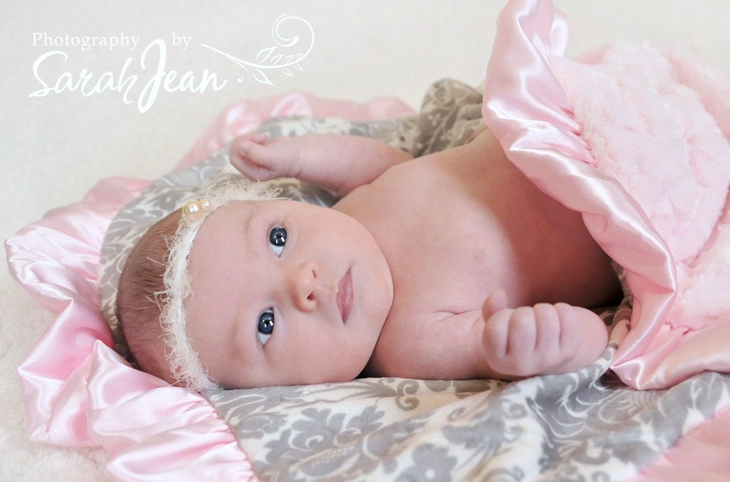 Pink and Gray Damask Minky Baby Blanket or Adult Throw - Wedding Gift