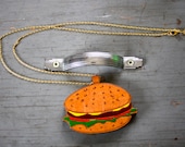 Large Wooden BURGER Pendent on Gold Plated Chain