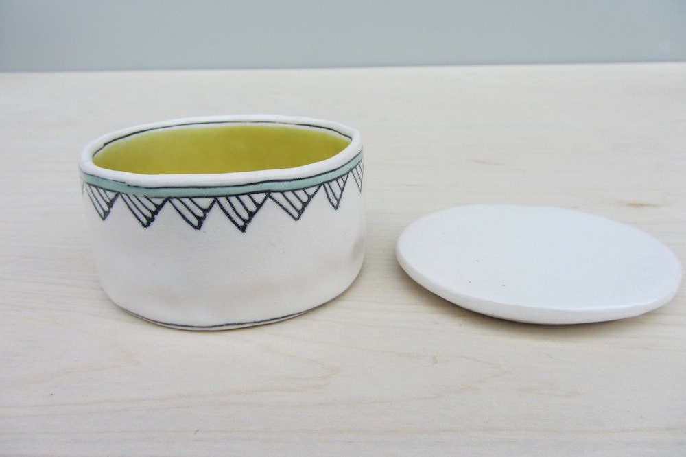 Porcelain Salt Cellar Geometric Sketch Patterned with Turquoise and Mustard (made to order)