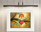 Love birds print, Art for couples, Personalized art giclee print, Wedding birds, Whimsical birds, Rustic wedding gift 11x14 Signed