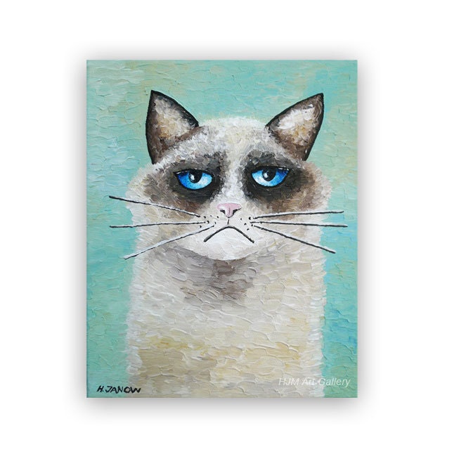 Animal Painting, Grumpy Cat Art Original Acrylic Painting on Canvas, Animal Art Children Decor 8x10x1.5