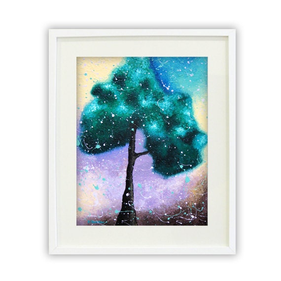 Tree Giclee Print, Tree Art Rustic Decor, Tree of Life Abstract Landscape, Archival Art Print, Teal Purple 11x14 Signed
