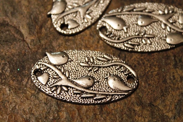 Birds on a Branch, Oval Connectors, Spring Scene, Woodland Theme, Silver Pewter, 5 Pieces