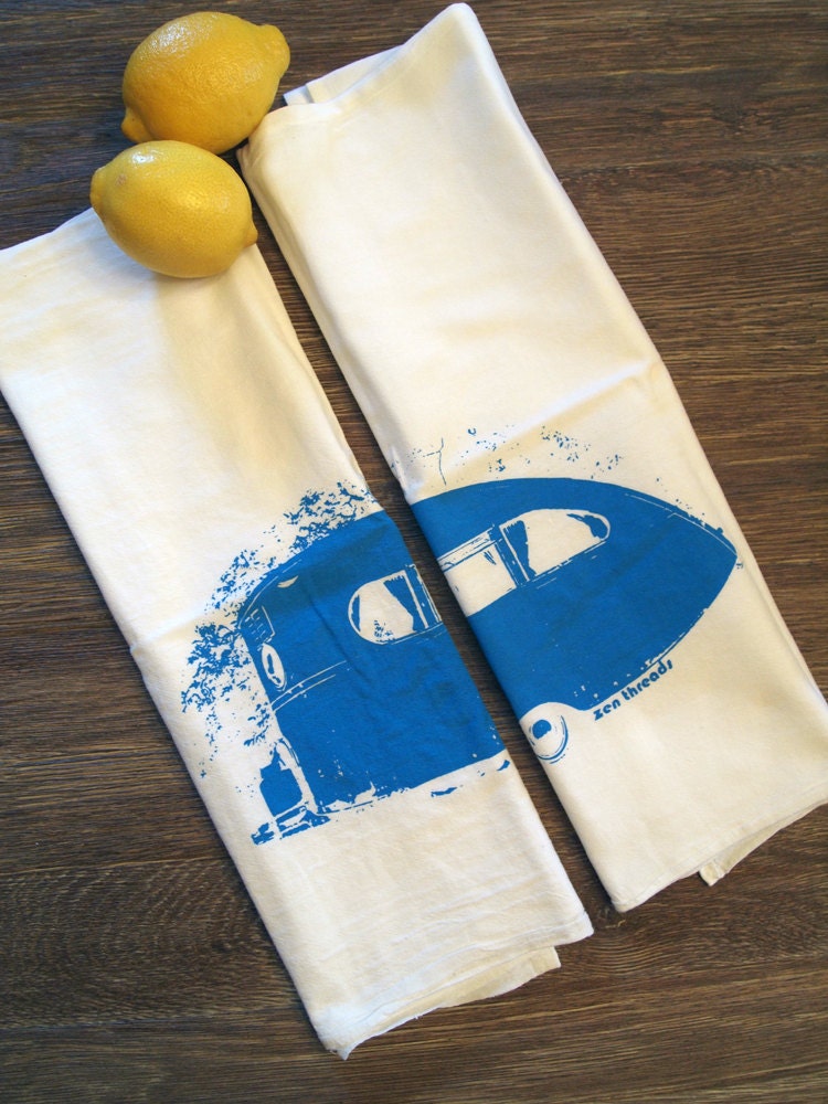 Set of 2 Towels - Turquoise CAMPER - Multi-Purpose Flour Sack Kitchen or Bar - Renewable Natural Cotton