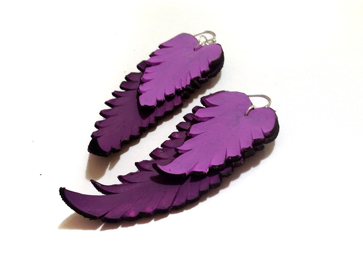 Feather earrings. Long dangle leather earrings. Purple color