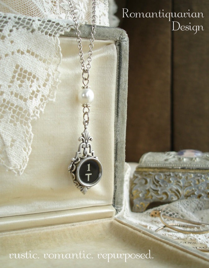 Typewriter Key Jewelry - Rare Black Letter T / Number 1 Vintage Typewriter Key Necklace. Antique Silver & Ivory Pearl. Steampunk Jewelry.