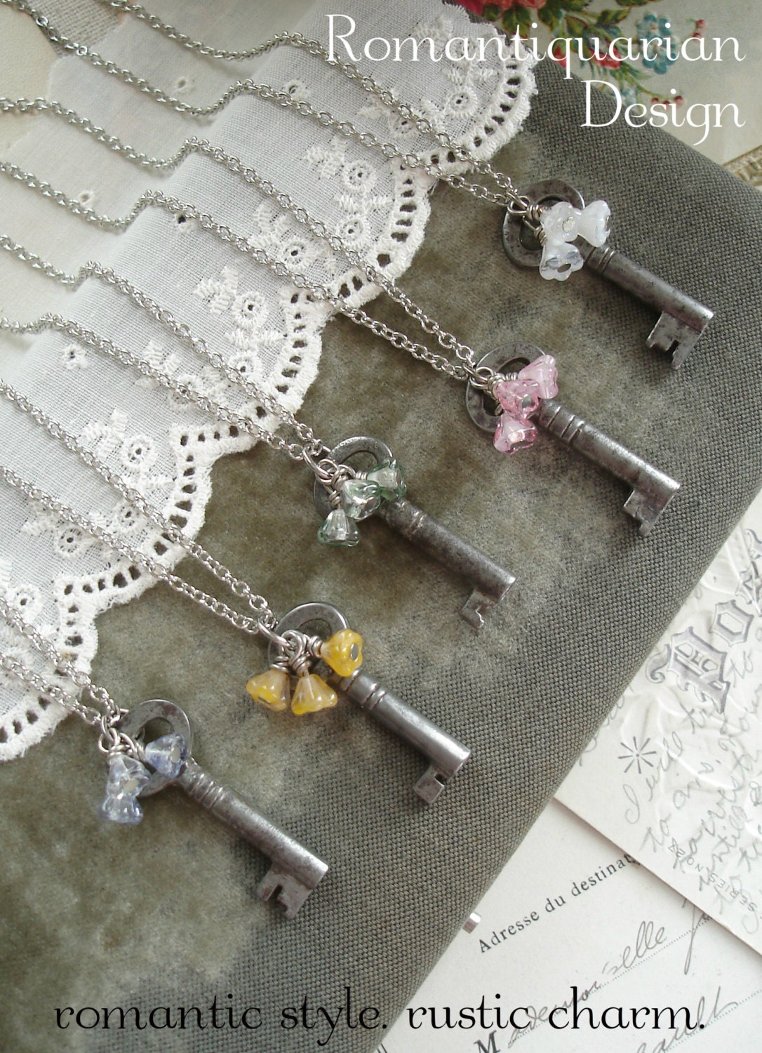 BRIDESMAID GIFTS Set of 4 Antique Key Necklaces. Rustic Wedding Jewelry. Vintage Skeleton Key Necklace & Bell Flowers. Repurposed Jewelry.