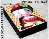 Frida in Red - ACEO Mini Original Art Doll Print Mounted on Wood Block by GRIMITIVES