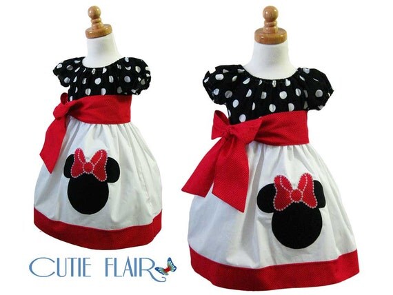 Custom Boutique style Minnie Mouse Peasant Dress Black Polkadots, White and Red with Applique