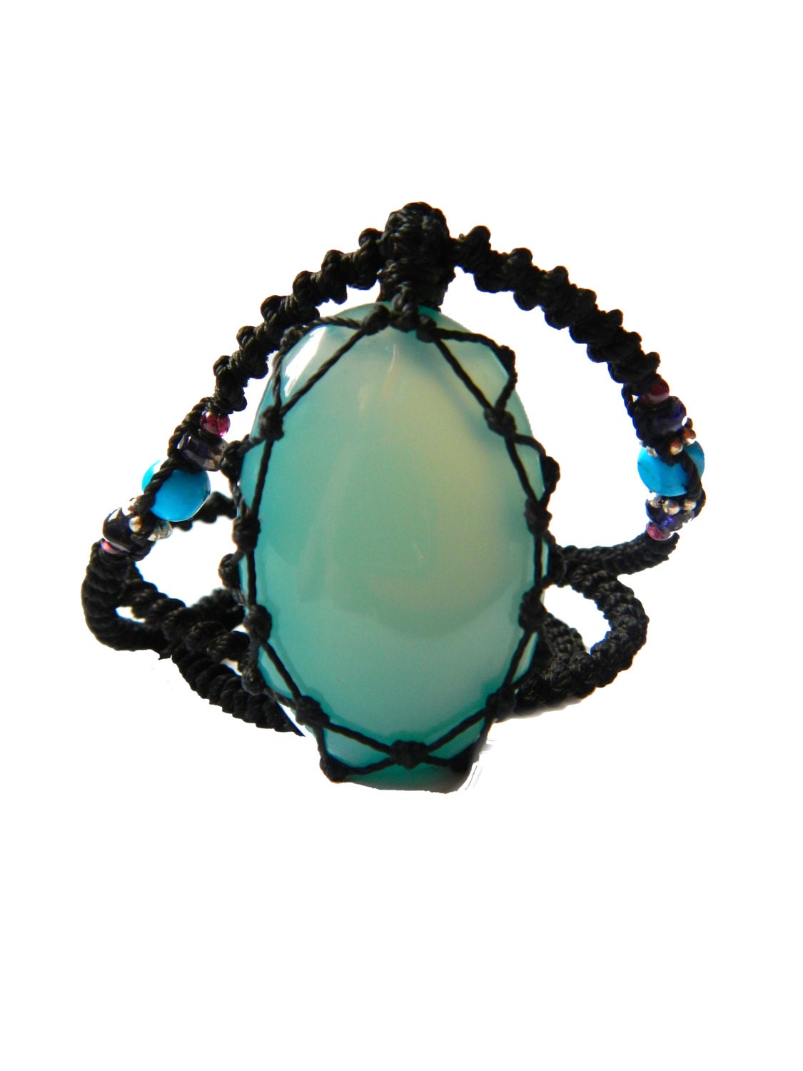 BLUE ONYX macrame Necklace- Stone of Strength- netted pendant healing crystal playa festival beach