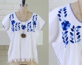 70s bohemian blouse - mexican oaxaca white azure blue embroidery fringe blouson top small medium large