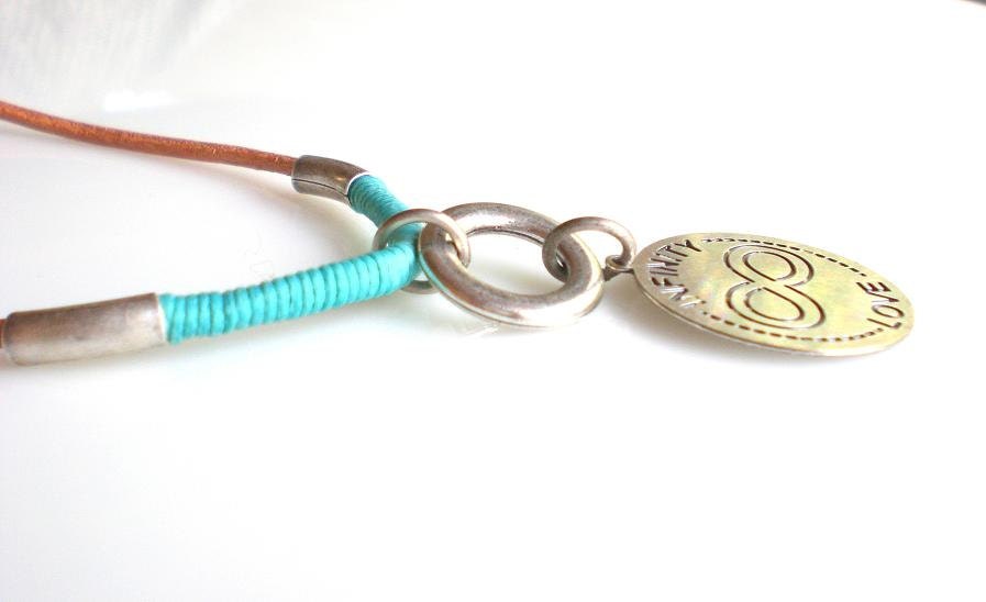 Stamped Necklace,Boho Jewelry, Friendship Necklace, Natural and Turquoise Leather Necklace, Infinity Pendant
