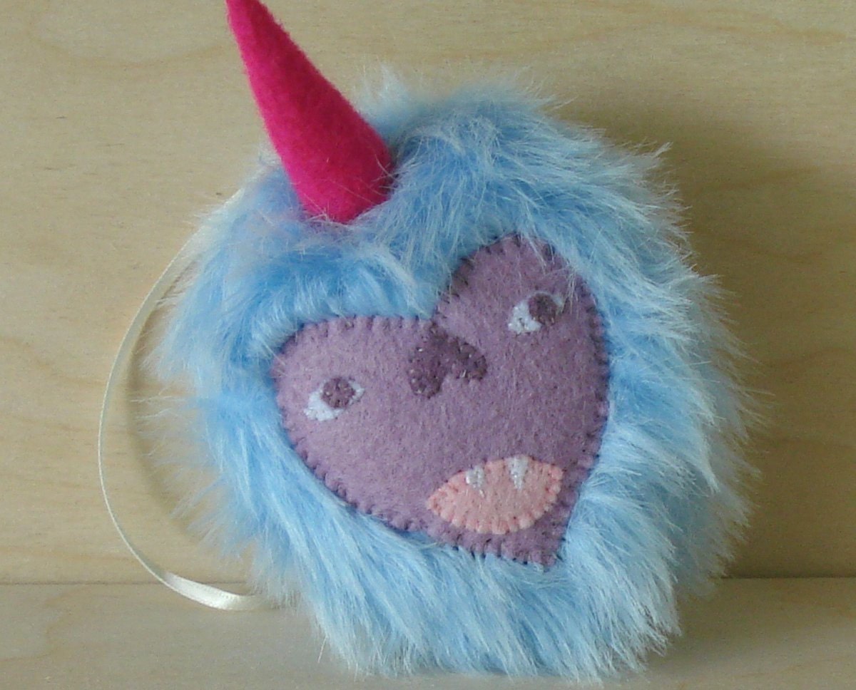 Plush monster ornament, blue and purple
