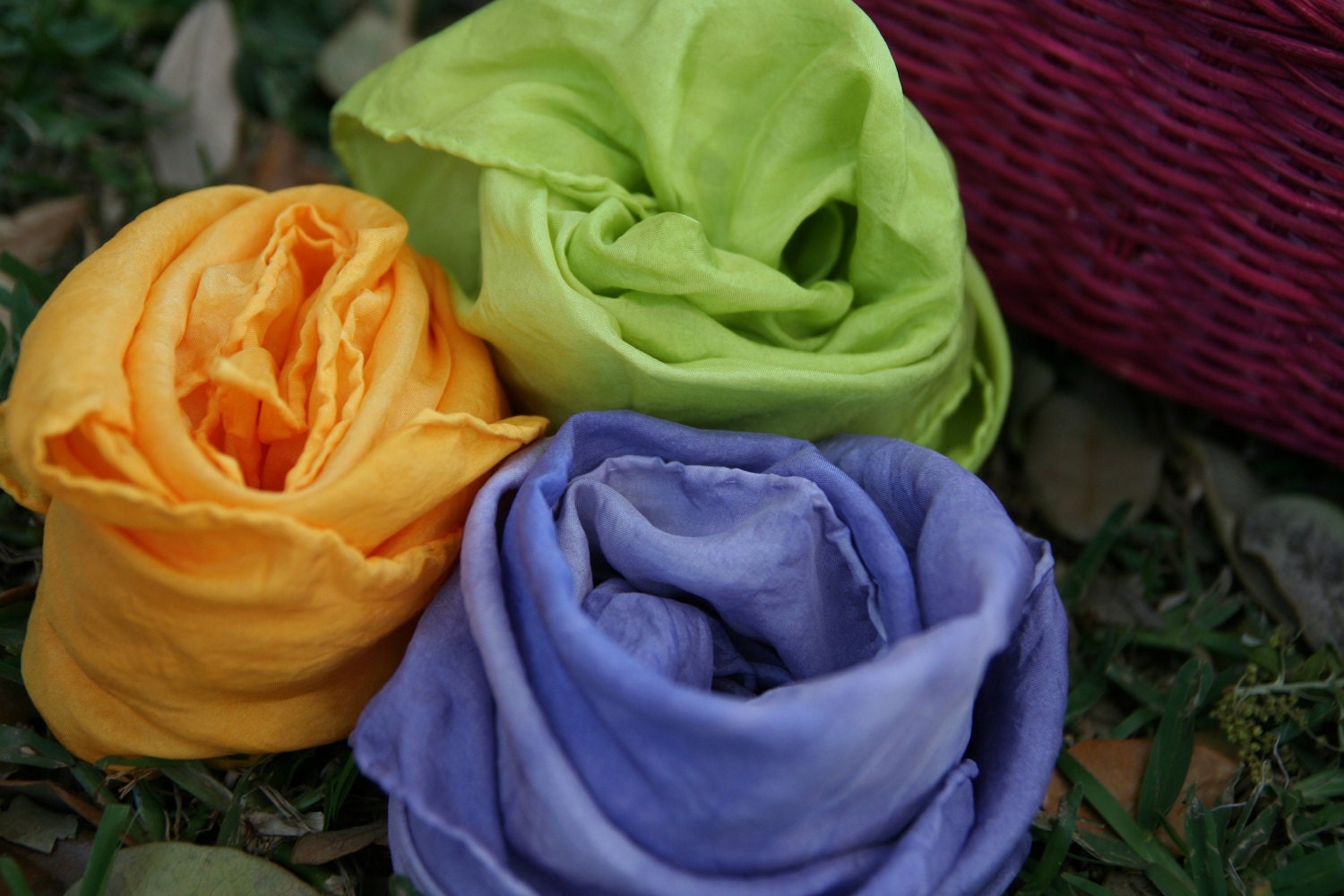 SPRING SILKS - set of three 21x21 square play silks - hand-dyed - sprout crocus sunshine