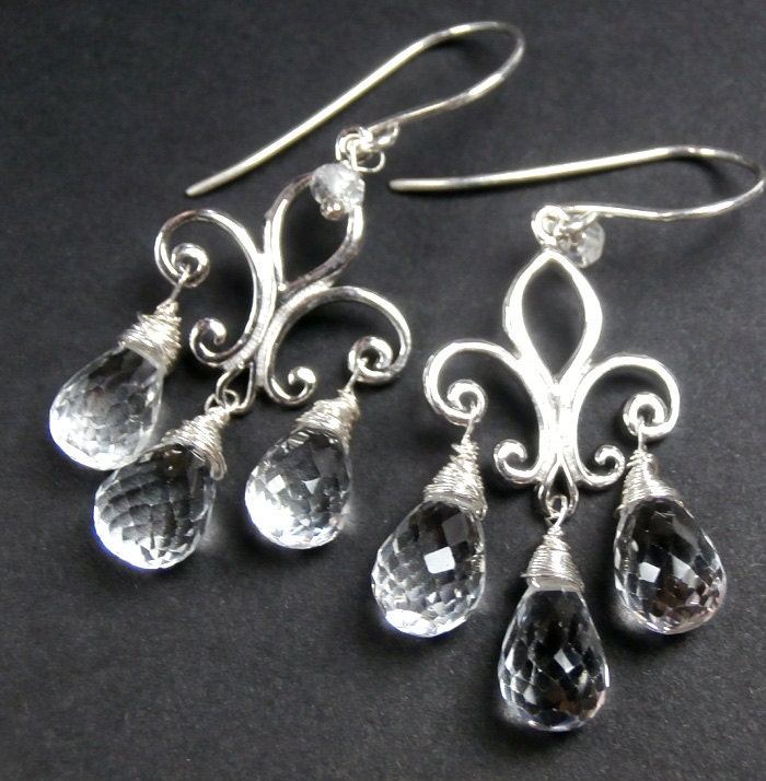 White Topaz Chandelier Earrings Sterling Silver Fleur de Lis Wire Wrapped  Petite Chandelier Earrings Spring Fashion - Ellie
