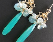RESERVED - Chrysoprase Chalcedony Long Drop Earrings Wire Wrapped Gemstones Aqua Chandelier Keishi Pearl Gold Cluster - Tracy