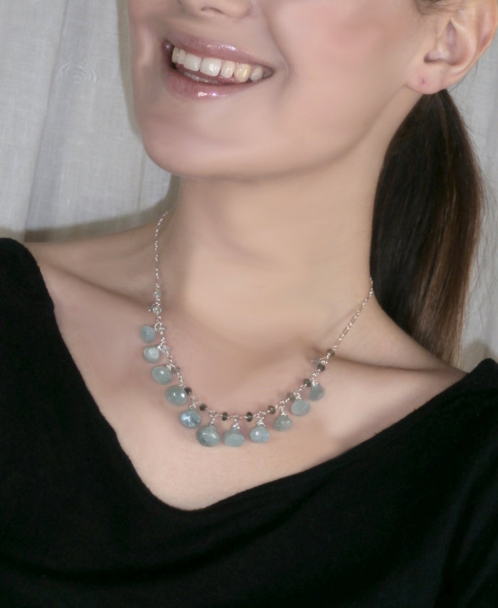 Blue Aquamarine Necklace Wire Wrapped Sterling Silver Genuine Gemstone Dangle Necklace March Birthstone - Gail
