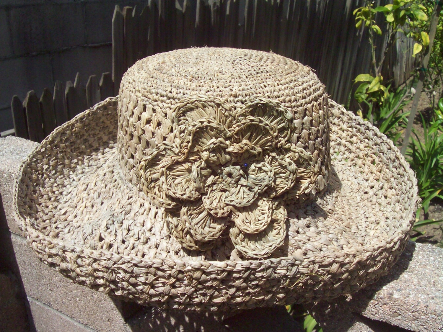 Putty Grey Crocheted Straw Packable Sun Hat with Crocheted Raffia Flower