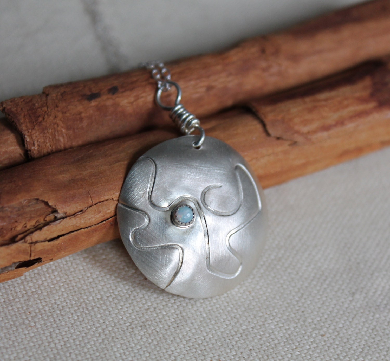 Opal sterling silver. Big domed pendant. Wavy embossed design. Large necklace. Ooak