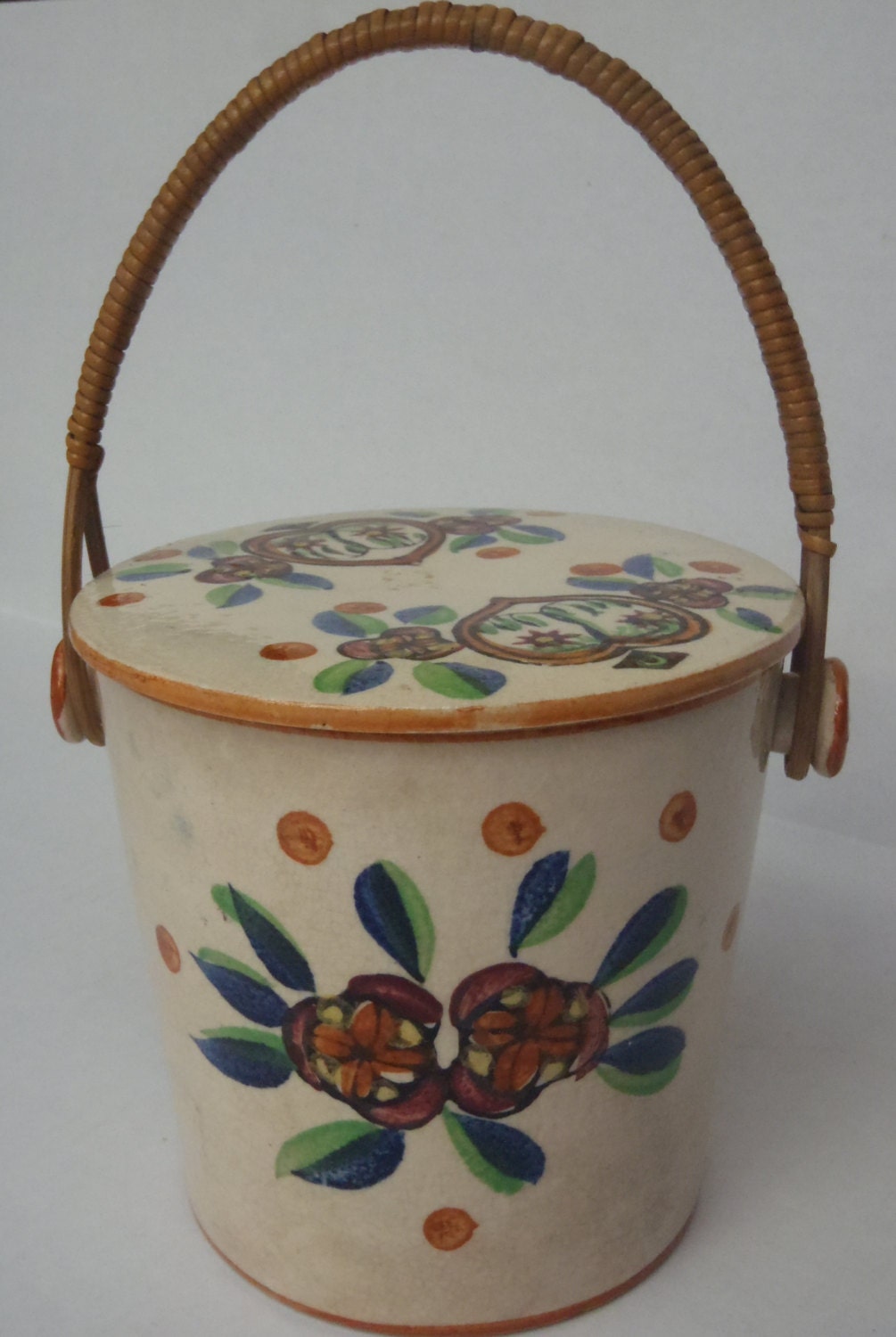 Japanese Porcelain Jar with Lid Rattan Handle by VeesVintage