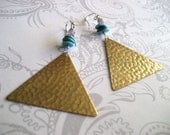 Kendra Earrings - funky hammered brass triangles with turquoise and amethyst