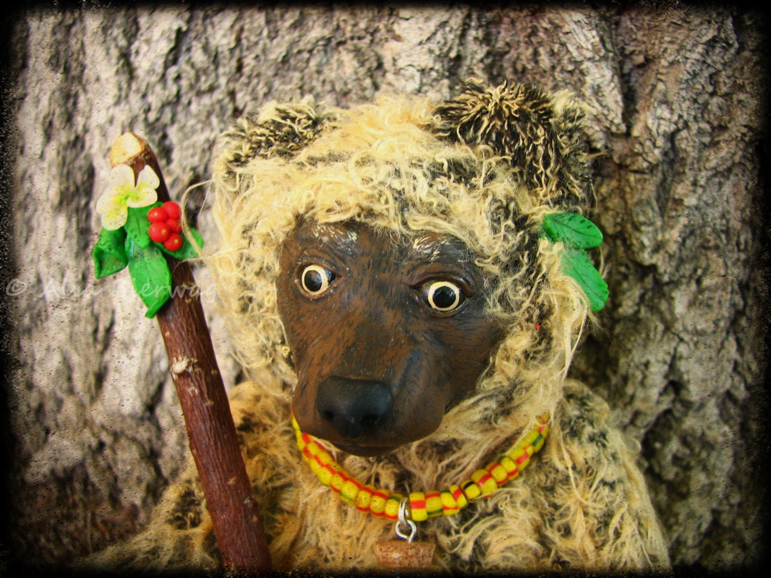 Haywood. Plush, jointed artist bear with polymer face. OOAK art doll by Alia Bierwag. Free US shipping.