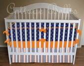 Custom Crib Bedding Set - Nautical -  Navy Orange Blue White - Anchors Stripes - Bumpers,  Sheet, Skirt  by Cottage Belles