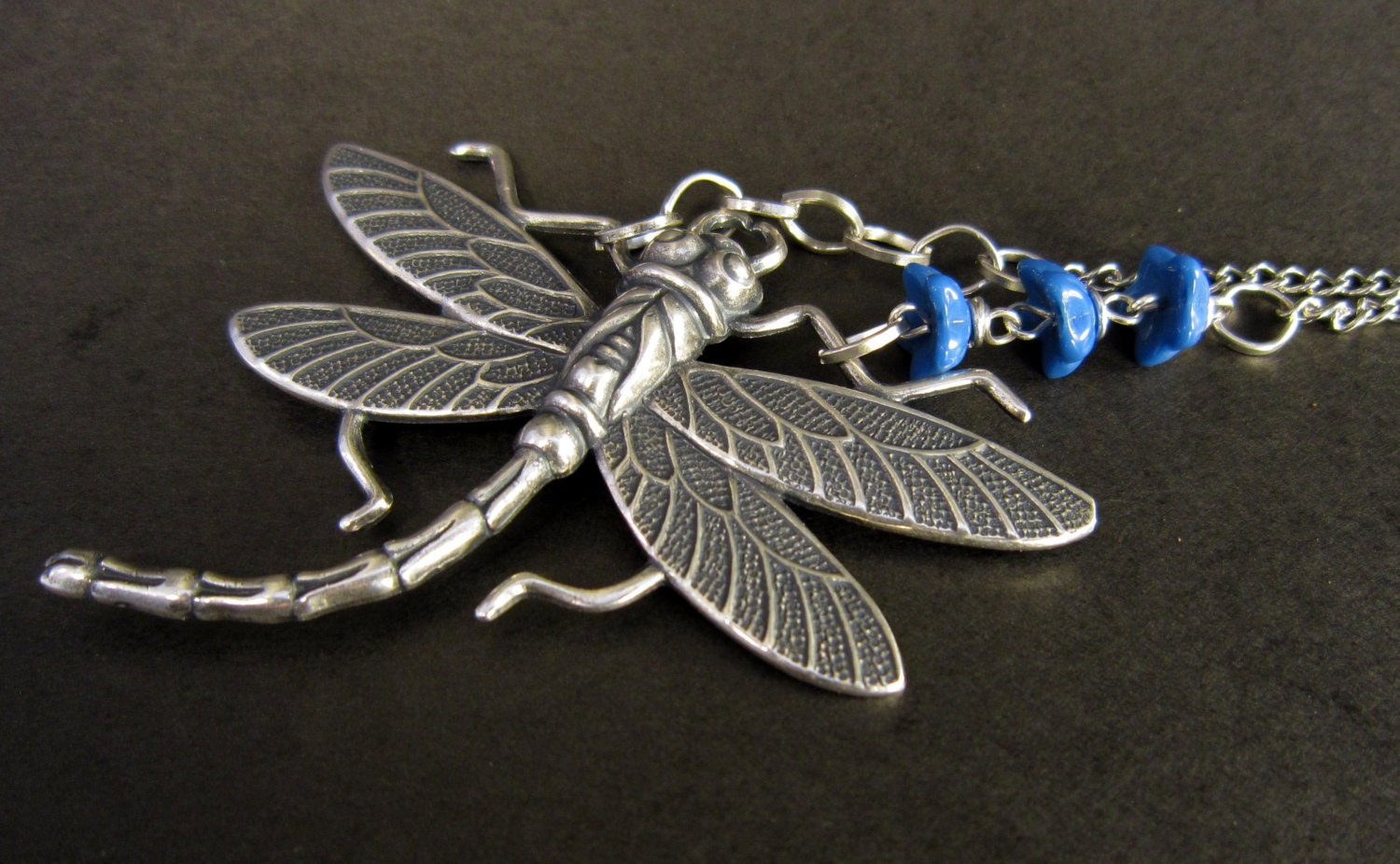 Dragonflyand Blue Flowers Necklace