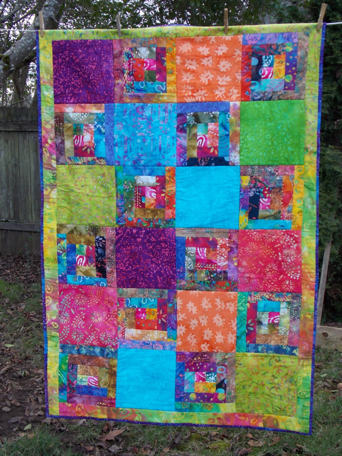 Eclectic Kaleidoscope Rainbow Batik Quilt.  Multi Colored Pieced Batik Handmade Quilt.
