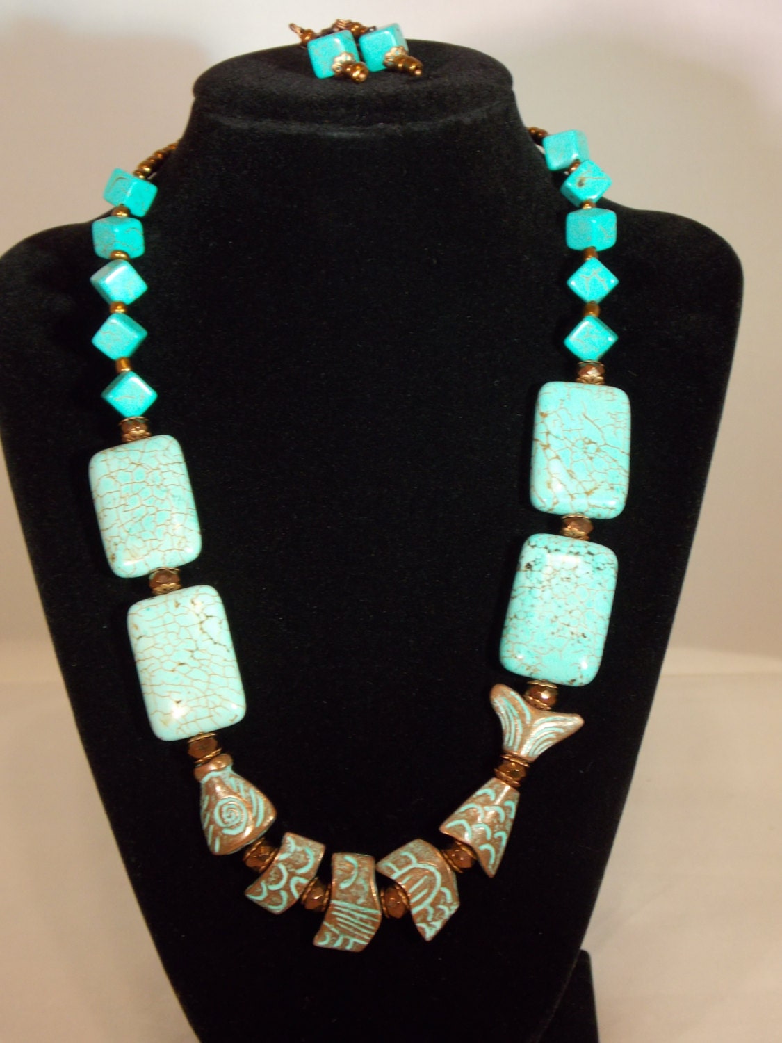 Elegant Turquoise and Copper Fish Necklace and Earring Set.  Great Patina.