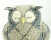 Recycled Sleepy Owl Plaid Grey Felted Wool Lamb Wool Stuffing Eco Friendly Home Decor Ornament Height 7"