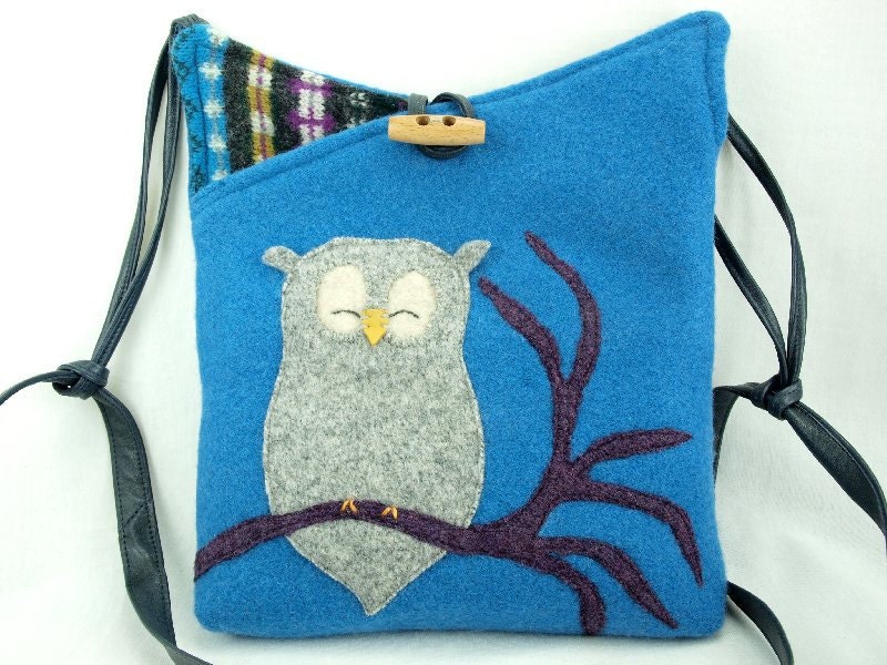 Owl Felt Shoulder Bag  Woolen Messenger  Bag Turquoise Grey and Wine Red Owl Applique Adjustable Leather Strap Upcycled Eco-Friendly