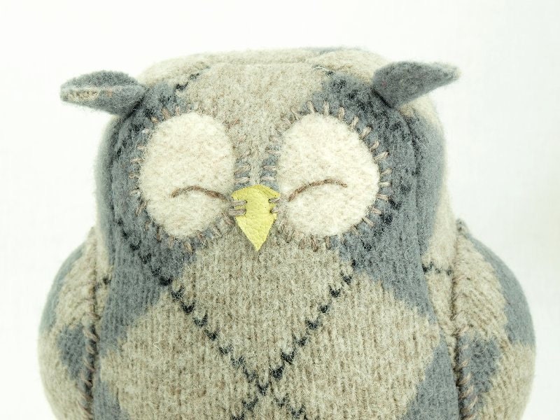 Recycled Sleepy Owl Plaid Grey Felted Wool Lamb Wool Stuffing Eco Friendly Home Decor Ornament Height 7"