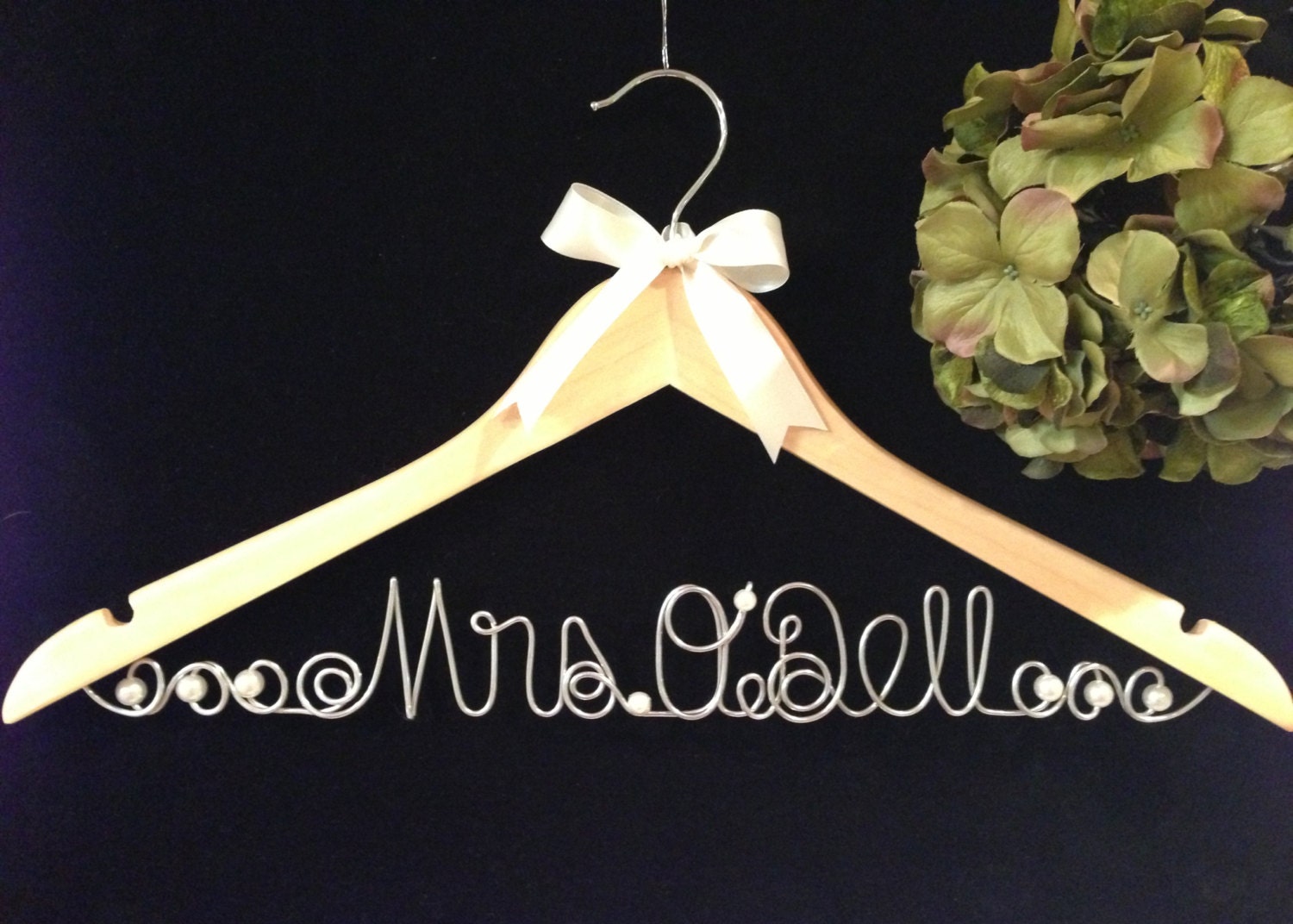 Bride Hanger LARGE letters  Personalized for Wedding Dress Custom  Original Unique Wired Art Design  PEARLS and RIBBON accents included