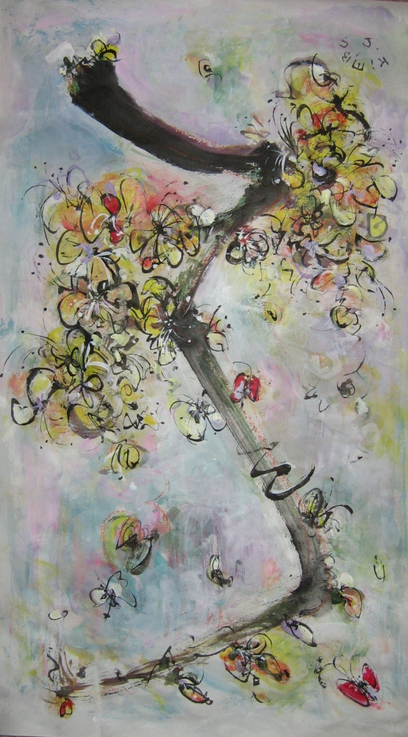Abstract blossom painting Original flower blossoms art blooming modern yellow pink blue acrylic ink chinese rice paper spring butterfl